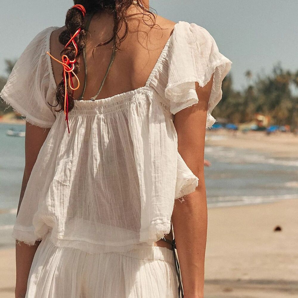 Free People Free-est Skye Blouse Cropped Top Sheer Short Sleeve Cotton S 290907 - Picture 3 of 10